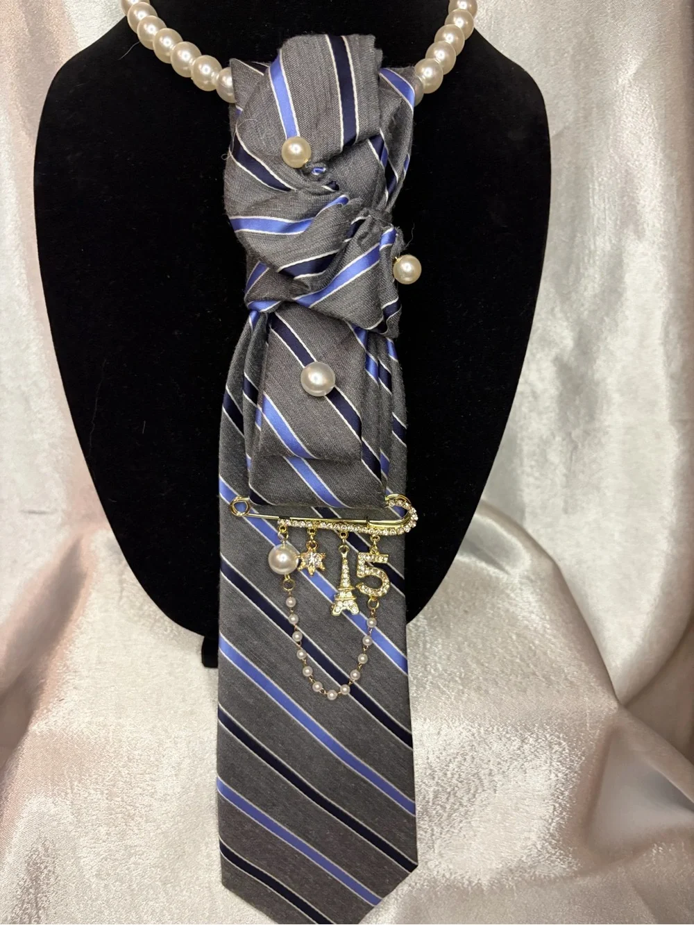 Jones New York Gray and Blue Striped Silk Tie Scarf with Pearl Accents